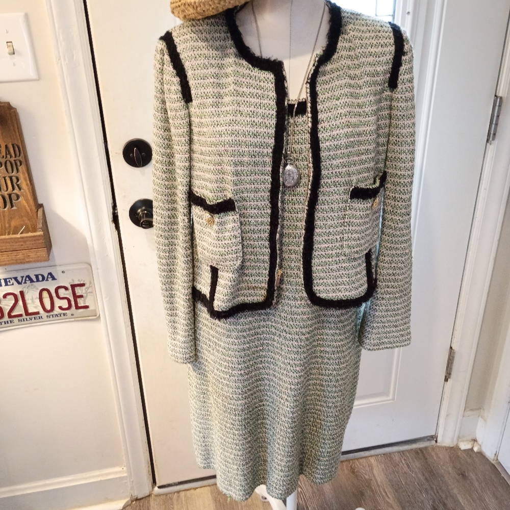 ST JOHN SZ 10 TWEED WOOL LINEN SILK DRESS SZ 8 MATCHING JACKET SUIT SET DOG SHOW